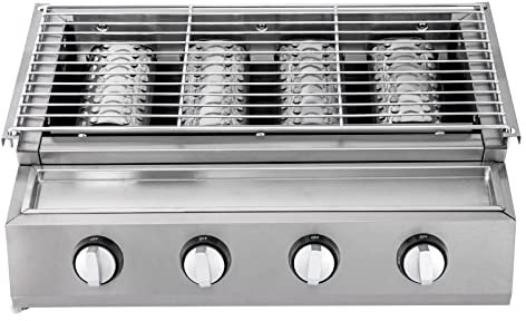 Begoniape Griglia a gas in acciaio inox, a 4 fuochi, 58 x 40 x 20 cm, accessorio per barbecue a gas rimovibile, da tavolo, per salumi, barbecue