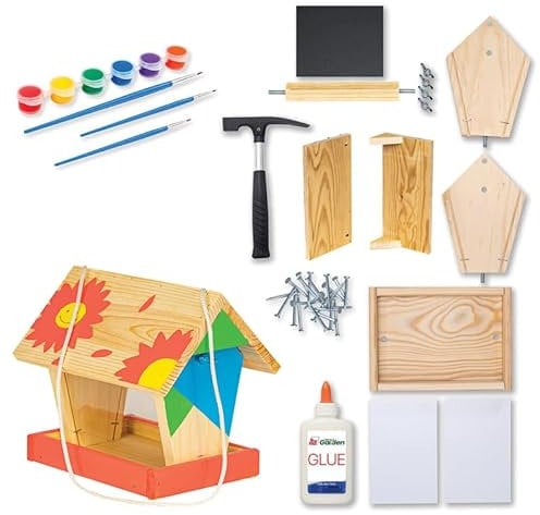 ITA DIY Futterhaus für Vögel zum Zusammenbauen und Bemalen FlybyFeeder - Vogelhaus Komplett Bausatz mit Hammer, Nägeln, Farben zum Bauen und Malen für Kinder - Bastelset für Jungen & Mädchen