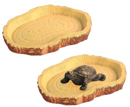 Lot de 2 bols d'alimentation pour tortues, 1 ornement pour tortues, bassins pour reptiles, table de nourriture en imitation écorce, accessoires d'alimentation pour tortues