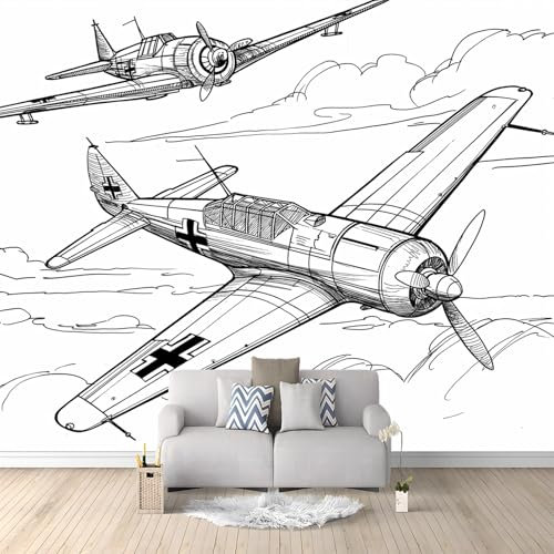 Papier Peint Mural 3D Avion Croquis Gris 350 x 256cm Papier Peint Panoramique Poster Tapisserie Photo, Papier Peint intissé pour Chambre Salon Personnalisé Murale Décoration