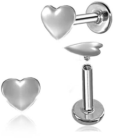 DENI 2 Labrets Herz 5 mm für Tragus, Helix und jeden Teil des Ohrs, kurzer Stab 6 mm und Standarddicke 1,2 mm., Silber
