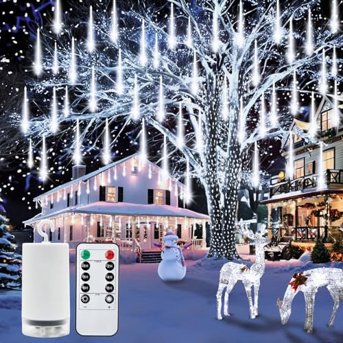 CCILAND Meteorschauer Lichterkette Batterie, 30CM 8 Röhren 192 LED Weihnachtsbeleuchtung Außen mit Timer, Wasserdichte Fallende Regen Lichter für Weihnachten Baum Hochzeit Traufe Garten (Kaltweiß)