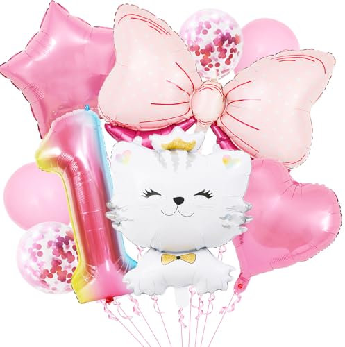 KOBOKO Katzen Geburtstagsdeko 1 Jahr Mädchen, Luftballon Deko, Folienballon, Fliege Ballons, Erster Geburtstag Deko