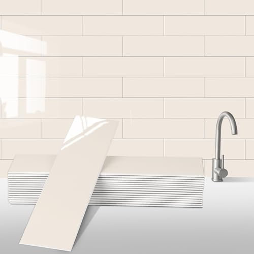Peel and Stick Backsplash Wall Tile for Kitchen, 24-Sheet Subway Adhesive PVC Mosaic Tiles Decorative Backsplash Tiles Stick on Bathroom(Beige)