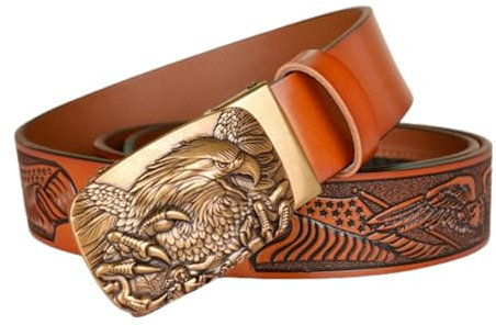 PYWJGZSX Herrengürtel, Herren Echtleder Gürtel Auto Ratchet Massives Messing Gravierte Künstlerische Wolf Pack Schnalle 1,3/8 '' Breite Verstellbare Passform Besatz/Brown/115Cm/45