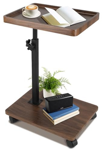 Blomise Beistelltisch mit Rollen, Holz Couch Beistelltisch C Form Höhenverstellbar 45-80cm 360°Rotierend, Nussbaum Finish Couchtisch Klein für Wohnzimmer Sofa