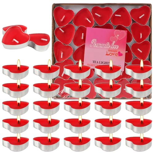 50 herzformige Teelichter, rauchfreie Kerzen, romantisch, für Valentinstag, Geburtstag, Hochzeit, Party, Jubiläum, Dekoration