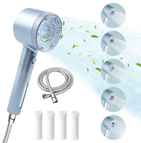 Yuqilin Pommeau de Douche Haute Pression, Cinq Niveaux Réglables Pommeau de Douche, avec Fonction D'Arrêt Pommeau Douche, Pommeau Douche Economie Deau,avec Tuyau, Avec 4 Morceaux Coton Filtre (Argent)