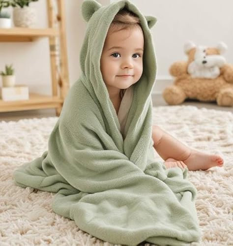 BABANINI Toalla con Capucha Bebe, Regalo Recien Nacido Niño y Niña, Ropa de 0-10 años, Manta Bebe, 100% Fibra de Bamboo, 600GSM, Extra Grande 90x130cm (Verde)