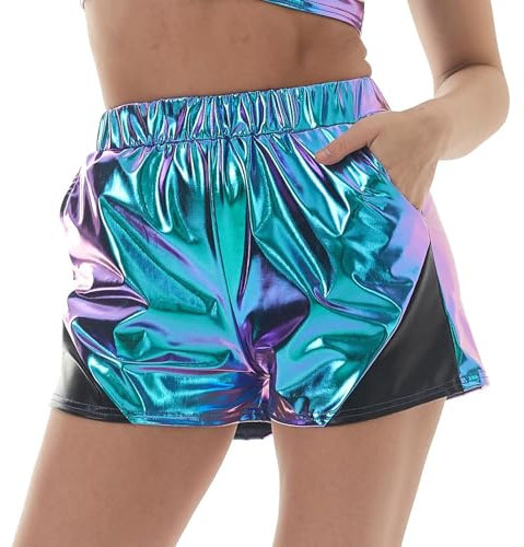 ABEHIK Damen Metallic Shorts Sexy Pailletten Hose Kurz Y2K Gl�nzender Bar-Shorts Glitzer Hotpants Musikfestival Karneval Kost�m f�r Frauen Nacht Clubwear blau L