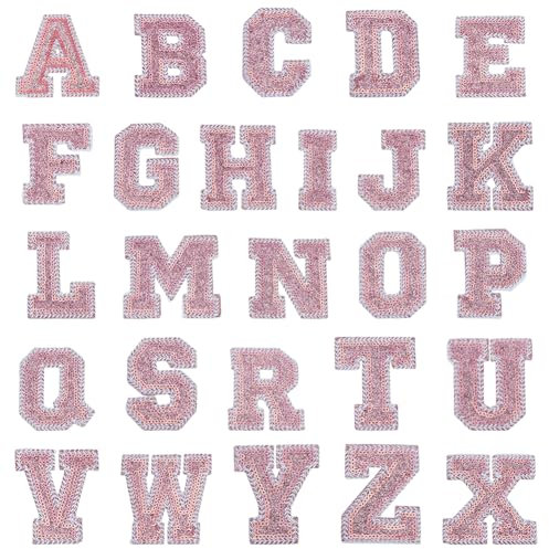 PLIGREAT 26 Pcs Iron on Sequin Letters Patches, A-Z Alphabet Patches Sew on Appliques Pink Letters Iron on Glitter Letters for Clothing Jackets Hats Bags Backpack Shoes DIY Craft Supplies, Pink