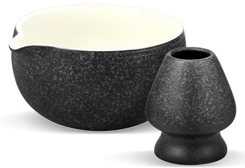 harupink Bol à matcha, bol à matcha en céramique pour la cérémonie du matcha, équipé d'un porte-fouet, bols à thé pour matcha, pour débutants, noir