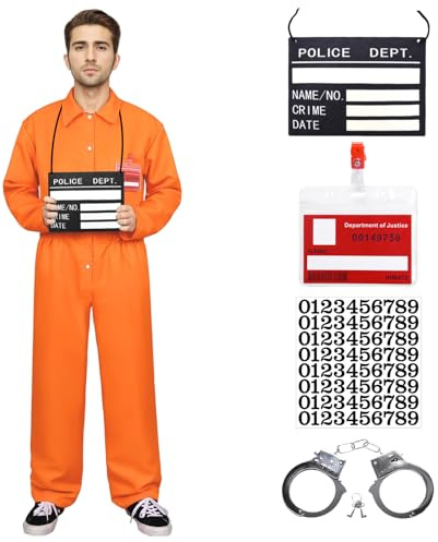 SERTAS Orange Prisoner Costume,Orange Prison Jumpsuit Mens Halloween Inmate Outfit,Prisoner Jumpsuit Men with Name Tag for Halloween Costume (A, L)