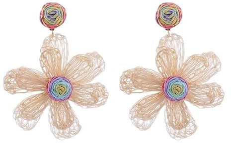 Böhmische Gewebte Rattan Stroh Raffia Blumen Tropfen Ohrringe für Frauen, Bunt, Handgefertigt, Leicht, Übertrieben, Statement Ohrring, Retro, Boho, Sommer, Strandschmuck