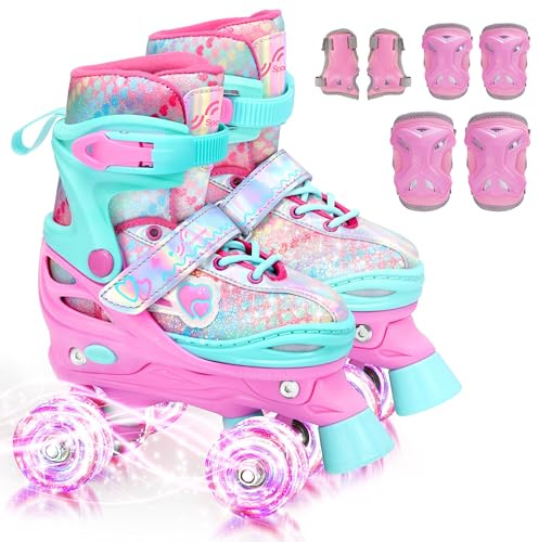 Sportneer Pattini a rotelle per bambini, con equipaggiamento protettivo, pattini a rotelle regolabili con 8 ruote luminose, per ragazze, bambini, ragazzi, principianti, interni ed esterni
