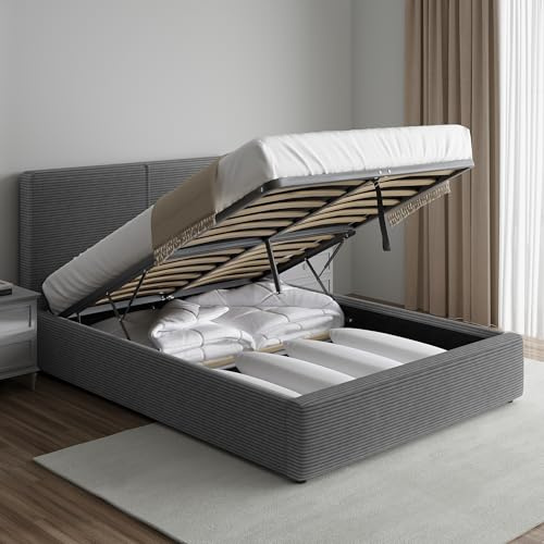 Blisswood Double Bed Frame with Foam Mattress Included, 4ft6 Upholstered Ottoman Storage Bed with Gas Lift Opening & Wooden Slats, No Box Spring Needed (4FT6 Grey, Mattress Included)