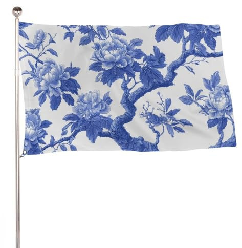 Blaue und weiße Porzellan-Baum-Pfingstrosen-Flagge, 90 x 150 cm, Gartenflaggen, Banner, Dekoration für Innenhof, Veranda, Rasen, Bauernhaus