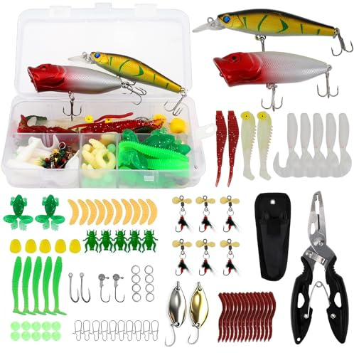83 Stück Angeln Köder Set mit Köderbox & Angelzange – Inkl. Kunstköder, Gummifische, Angel Köder Blinker, Popper, Wobbler, Jigheads Angelzubehör für Hecht Zander Forelle Barsch in Süß- und Salzwasser