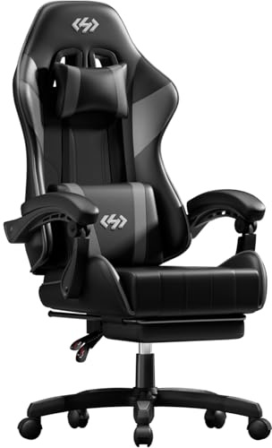 HLFURNIEU Silla Gaming Ergonómica con Soporte Lumbar, Negro y Gris | Silla Gamer con Reposacabezas y Reposapiés Retráctil, Cadeira Gaming con Altura Ajustable, Reclinable 90-135°