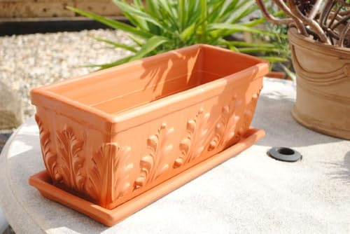 GartenGees Pflanzkasten mit Untersetzer,Blumenkasten,frostfestes Terracotta,Blattmuster,frostfest,3 Größen wählbar (40 c)