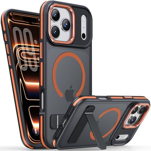 Hülle für iPhone 17 Pro Max mit Unsichtbarem Ständer, Kompatibel mit MagSafe, Militärischer Fallschutz, Transluzente Matte Rückseite Magnetisch Handyhülle, Fingerabdruckfest & Rutschfest-Orange