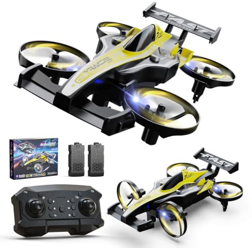 DEERC HT35 Mini 2-in-1 RC Drone for Kids, Land and Air Stunt Racer | Ground Drift, 360° Flips, Altitude Hold, 3 Speed Modes, LED Lights, 2 Batteries, RC Toy Gift for Boys and Girls