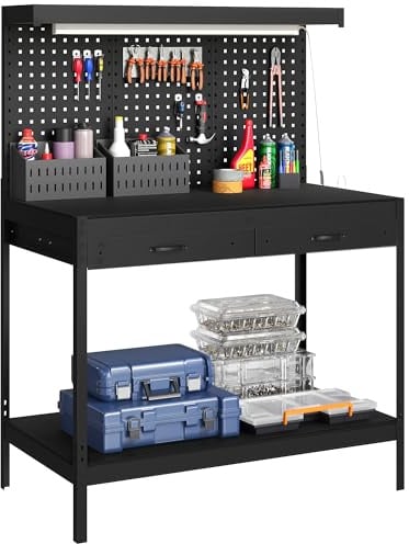 HOMCOM Banco de Trabajo Carga 272 kg LED 2 Cajones 110x60x150 cm Negro
