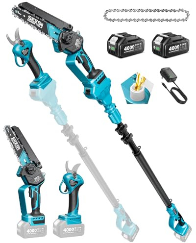 SEESII 4-in-1 Pole Saw & Pruning Shears Combo Kit with Brushless Motor | 2 x 4000mAh Batteries, 6 Mini Chainsaw & 1.2 Handheld Pruner with Extension Pole for Limb Branch Cutting Tree Trimming