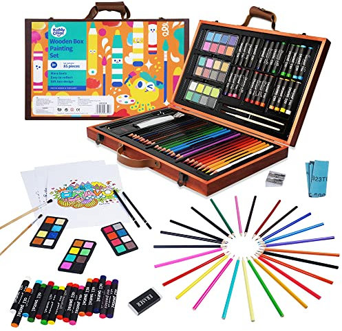 KIDDYCOLOR 85 Piezas de Cuadro de Arte de Pintura en Caja de Madera, Kit de Pintura y Dibujo para niños con Pasteles