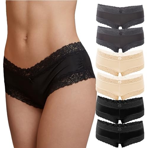 Fabio Farini - 6er Pack Damen Panties Hipster mit verführerischen Spitzendetails - Frauen Unterhosen Slips Brasil Spitze Set Unterwäsche 2X Grau/2x Beige/2x Schwarz 40-42