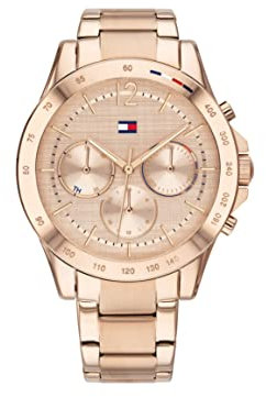 Tommy Hilfiger Orologio Analogico Multifunzione al Quarzo da Donna con Cinturino in Acciaio Inossidabile Color Oro Rosso - 1782197