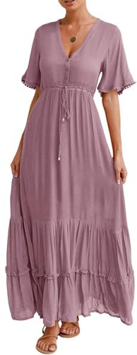 R.Vivimos Abito Boho Estivo Donna Abito Sexy Scollo a V Bottoni Manica Corta Vestito Elegante con Volant Orlo Abito Lungo Maxi da Spiaggia Casual per Le Vacanze(XL,Mauve)