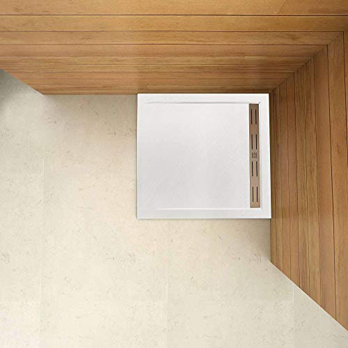 Plato de Ducha Cuadrado extraplano RESINA PIZARRA GEL COAT BLANCO, Válvula incluida, Antideslizante 90x90cm