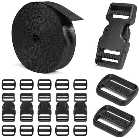 BEYOURD werpower 1 Inch Nylon Webbing Strap, 6 Yards Black Polypropylene Webbing Strap with 6 Sets 1 inch Side Release Plastic Buckles, Inc.