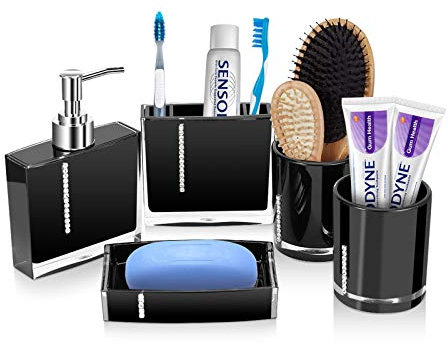Badezimmer Zubehör Set 5-teiliges Badset Badgarnitur Set Seifenspender Set mit Seifenspender Zahnputzbecher Seifenschale Zahnbürstenhalter Badezimmermöbel Set
