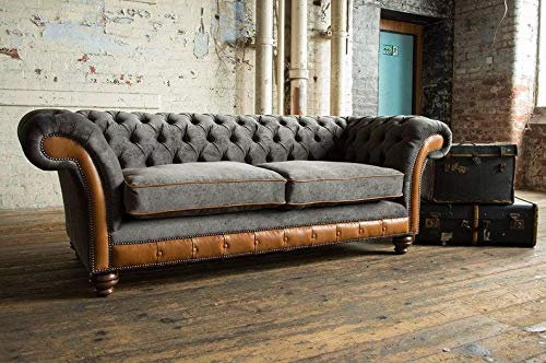 JVmoebel XXL Sofa 3 Sitzer Couch Chesterfield Polster Sitz Garnitur Leder Textil Neu Grau