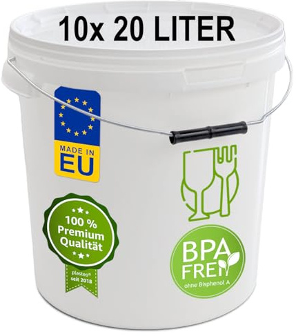 plasteo® Cubo de plástico con tapa, 20 litros, 10 unidades, herméticos y herméticos, vacíos sin dejar restos, paquete de 10 unidades