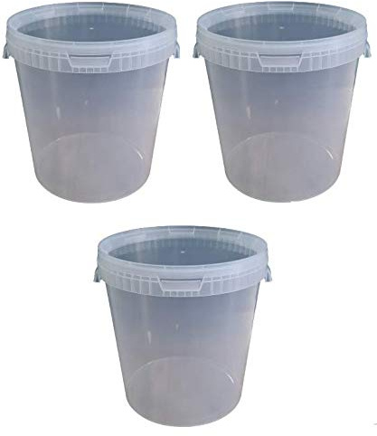 3 x 30 Liter Eimer mit Deckel transparent, stapelbarerer Milch-/Vorratseimer, Honigeimer Kunststoffeimer mit Lebensmittelfreigabe, Lebensmittelechte Behälter, Leereimer für Mehl, Wassereimer, 3 Stück