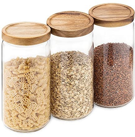 Navaris Botes herméticos de cristal - Set de 3 tarros redondos 950 ML con tapa de madera para almacenaje de alimentos - Frascos de vidrio para cocina