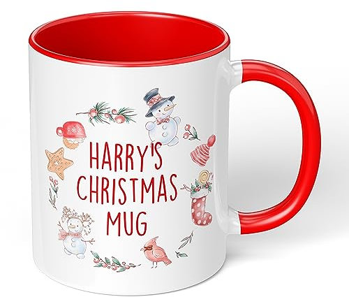 Print Maniacs Personalised Christmas Mug Hot Chocolate Tea Coffee Secret Santa Present Gift Xmas Colours Funny Novelty Snowman Wreath (Red Fill)