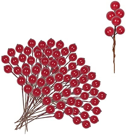 100pcs Christmas Artificial Red Mini Holly Berries,Artificial Red Berry Twig Stem Red Berry Fruits Picks Berry Winter Berries Bunch for Christmas Wreath Making Xmas Tree Decorations Supplies