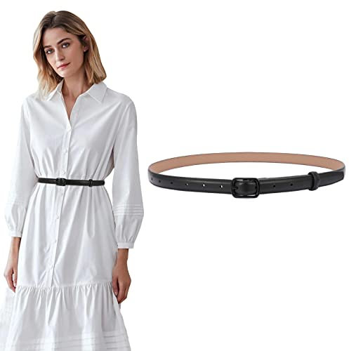 SUOSDEY Ledergürtel für Frauen, Skinny Taillengürtel mit Dornschließe, Damen Gürtelschnalle für Damen Kleider Jeans, 2cm Breite Damenmode Accessoires schwarz