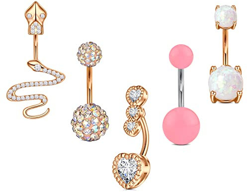Rajnard Schlange Bauchnabelpiercing 10mm 14G Chirurgenstahl Roségold Mit Herz Diamant Opal Bauchpiercing für Damen 5St