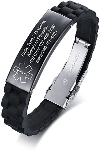 Vnox Bracciale di Emergenza Bracciale Personalizzato da Uomo Medico: Braccialetti identificativi Personalizzati in Silicone Incisione Bracciale Medico Regolabile da Uomo in Acciaio Inossidabile