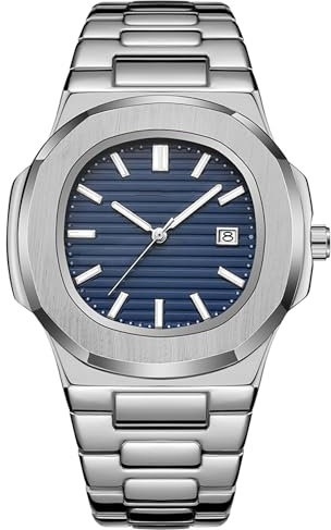 BARAMON Nautilus Armbanduhren für Herren, Edelstahl, Quarzwerk, Datum, Luxus-Stil, leuchtende Zeiger, legere Business-Uhren, Silber 2, Quarz-Uhrwerk