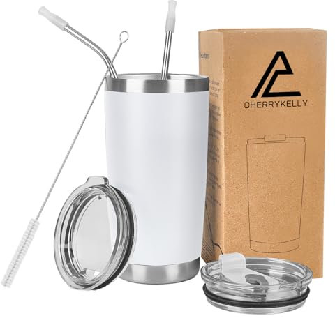 CherryKelly 20oz (550ml) Insulated Travel Tumbler Mug Stainless Steel Vacuum Coffee Cup with 2 Leak-Proof Lids & Straws, BPA-Free, Hot & Cold, Commute, Gym, Office - White