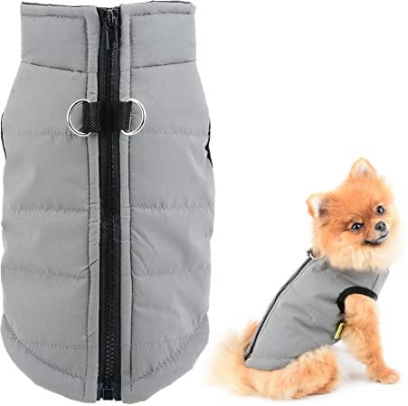 SMALLLEE_LUCKY_STORE Pet Waterproof Winter Jacket Vest with D-ring for Small Dog Cat Zip-up Padded Puppy Coat Chihuahua Yorkie Kitten Warm Clothes,Grey,XS