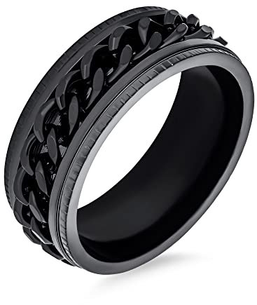 Bling Jewelry Personalisieren Gravieren Schwarz Seil Kettenkabel Herren Biker Schwarz Angst Spinner Fidget Ring Für Männer Edelstahl 8MM Breit Anpassbar