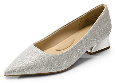 DREAM PAIRS Women's Chunky Heels Closed Toe Low Block Work Shoes Pointed Toe Dress Comfortable Wedding Pumps SDPU2321W,Size 6.5,Silver-Glitter,SDPU2321W