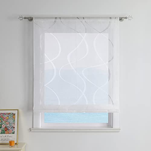 ESLIR Raffrollo Ausbrenner Raffgardine mit Tunnelzug Wohnzimmer Gardinen Küche Transparent Bändchenrollo Modern mit Wellen Muster Weiß BxH 80x155cm 1 Stück